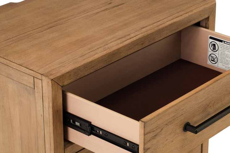 Wooden drawer with open drawer showing interior and wooden cabinet exterior.